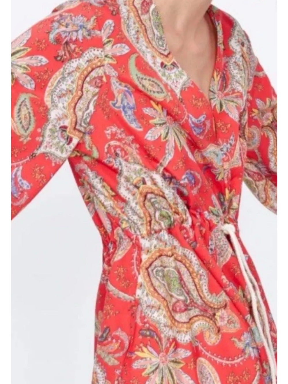 Zara Red Paisley Drawstring V-Neck Top